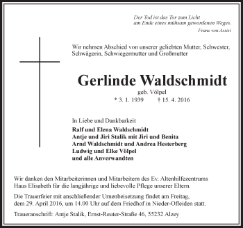 Traueranzeige von Gerlinde Waldschmidt von VRM Trauer