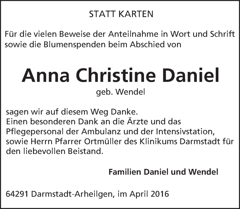  Traueranzeige für Anna Christine Daniel vom 23.04.2016 aus trauer.echo-online.de