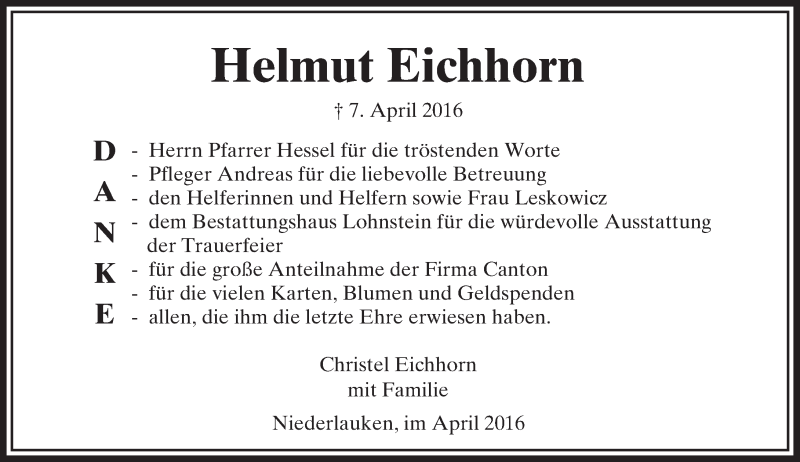  Traueranzeige für Helmut Eichhorn vom 30.04.2016 aus  Usinger Anzeiger