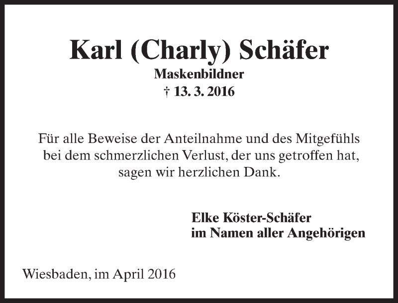  Traueranzeige für Karl Schäfer vom 30.04.2016 aus  Wiesbaden komplett