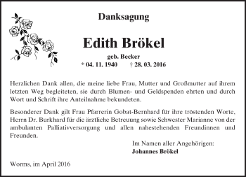 Traueranzeige von Edith Brökel von  Wormser Zeitung