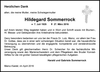 Traueranzeige von Hildegard Sommerrock von  Wiesbaden komplett