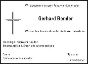 Traueranzeige von Gerhard Bender von Trauerportal Echo Online