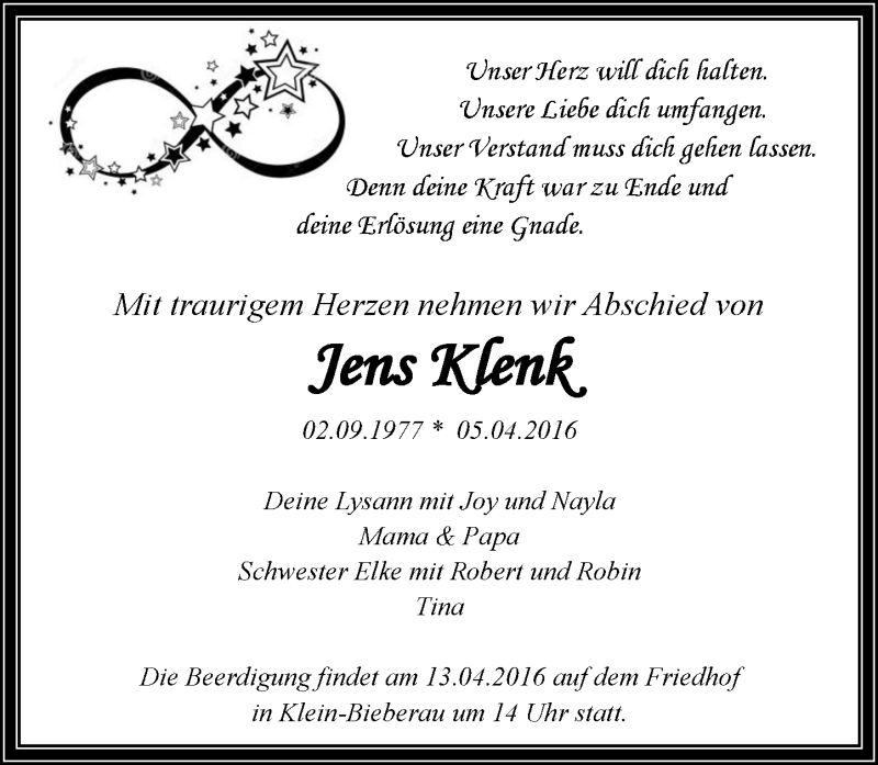  Traueranzeige für Jens Klenk vom 09.04.2016 aus trauer.echo-online.de