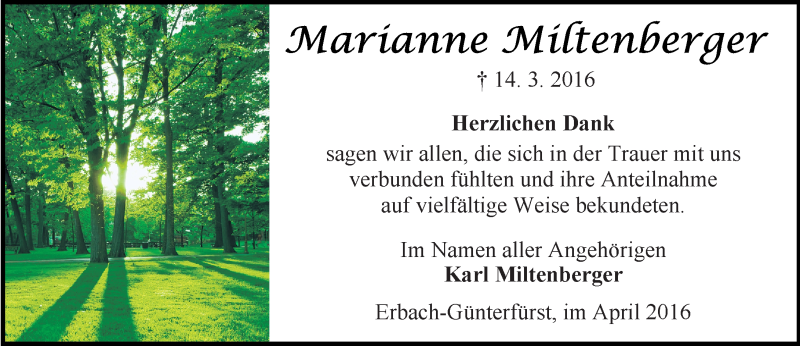  Traueranzeige für Marianne Miltenberger vom 16.04.2016 aus trauer.echo-online.de