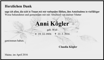 Traueranzeige von Anni Kögler von  Allgemeine Zeitung Mainz