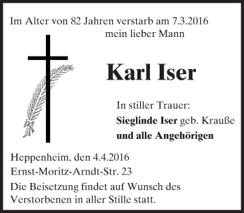 Traueranzeige von Karl Iser von trauer.echo-online.de