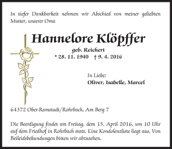 Traueranzeige von Hannelore Klöpffer von trauer.echo-online.de