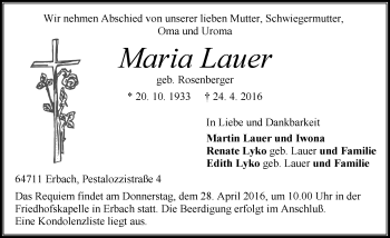 Traueranzeige von Maria Lauer von trauer.echo-online.de