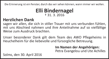 Traueranzeige von Elli Bindernagel von  Gießener Anzeiger