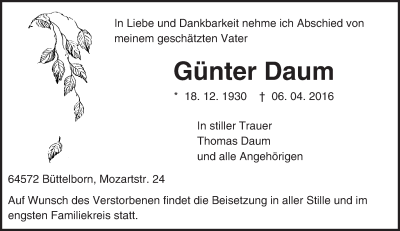  Traueranzeige für Günter Daum vom 13.04.2016 aus trauer.echo-online.de