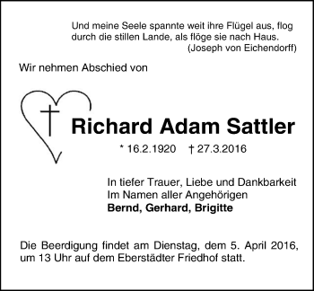 Traueranzeige von Richard Adam Sattler von trauer.echo-online.de