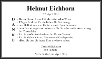 Traueranzeige von Helmut Eichhorn von  Usinger Anzeiger