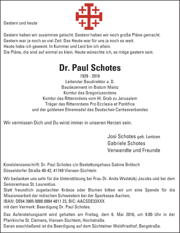 Traueranzeige von Paul Schotes von  Allgemeine Zeitung Mainz