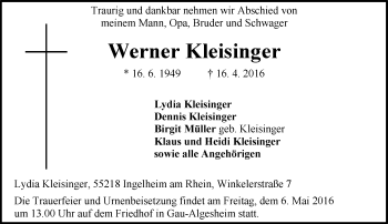 Traueranzeige von Werner Kleisinger von  Allgemeine  Zeitung Ingelheim-Bingen