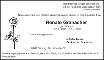 Traueranzeige von Renate Granacher von trauer.echo-online.de