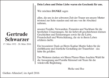 Traueranzeige von Getrude Schwarzer von  Gießener Anzeiger