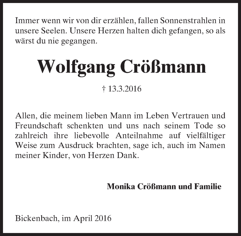  Traueranzeige für Wolfgang Crößmann vom 09.04.2016 aus trauer.echo-online.de