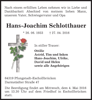Traueranzeige von Hans-Joachim Schlotthauer von Trauerportal Echo Online