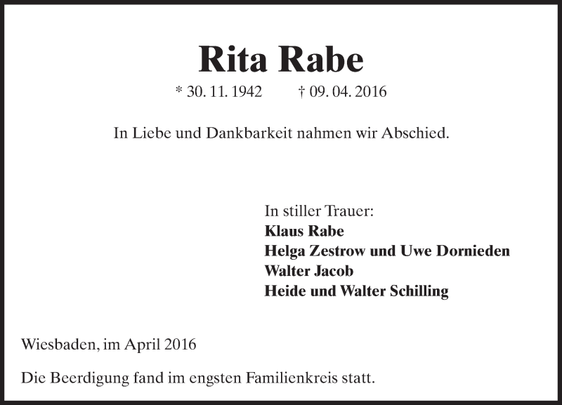  Traueranzeige für Rita Rabe vom 30.04.2016 aus  Wiesbaden komplett