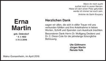 Traueranzeige von Erna Martin von  Allgemeine Zeitung Mainz