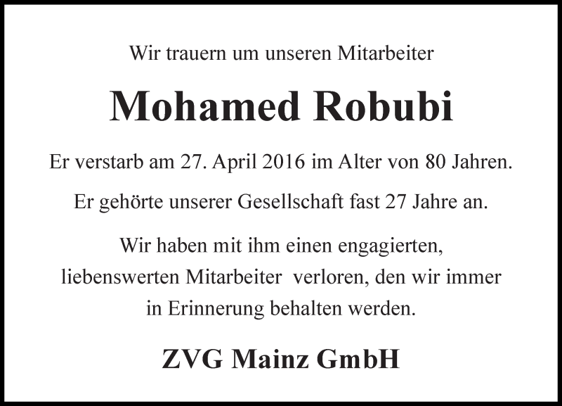  Traueranzeige für Mohamed Robubi vom 30.04.2016 aus  Allgemeine Zeitung Mainz