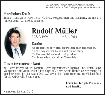 Traueranzeige von Rudolf Müller von  Mainspitze
