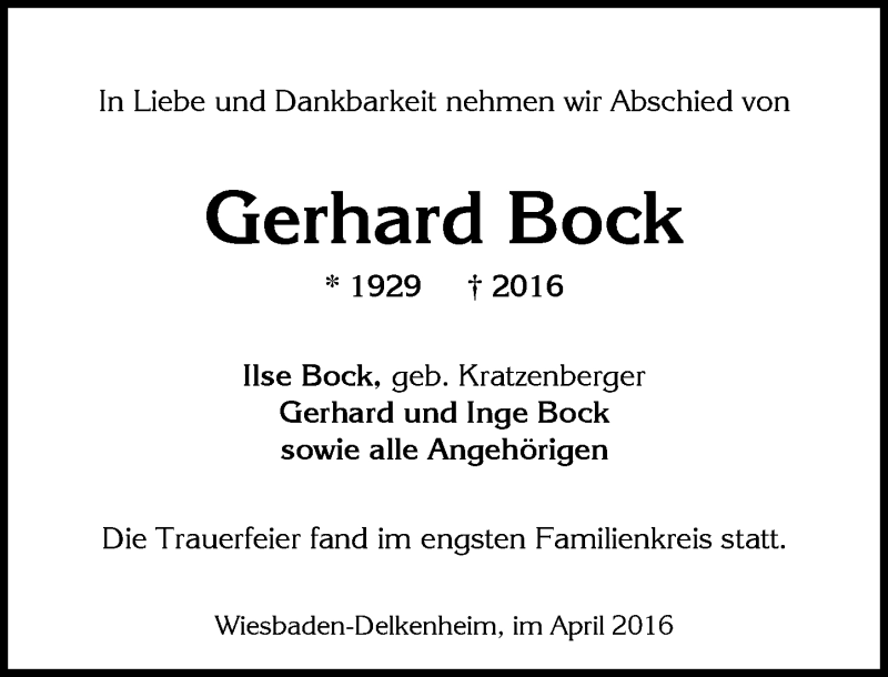  Traueranzeige für Gerhard Bock vom 30.04.2016 aus  Wiesbaden komplett