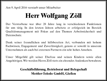 Traueranzeige von Wolfgang Zöll von  Gießener Anzeiger