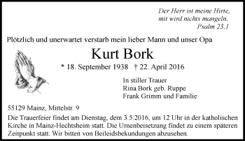 Traueranzeige von Kurt Bork von  Allgemeine Zeitung Mainz