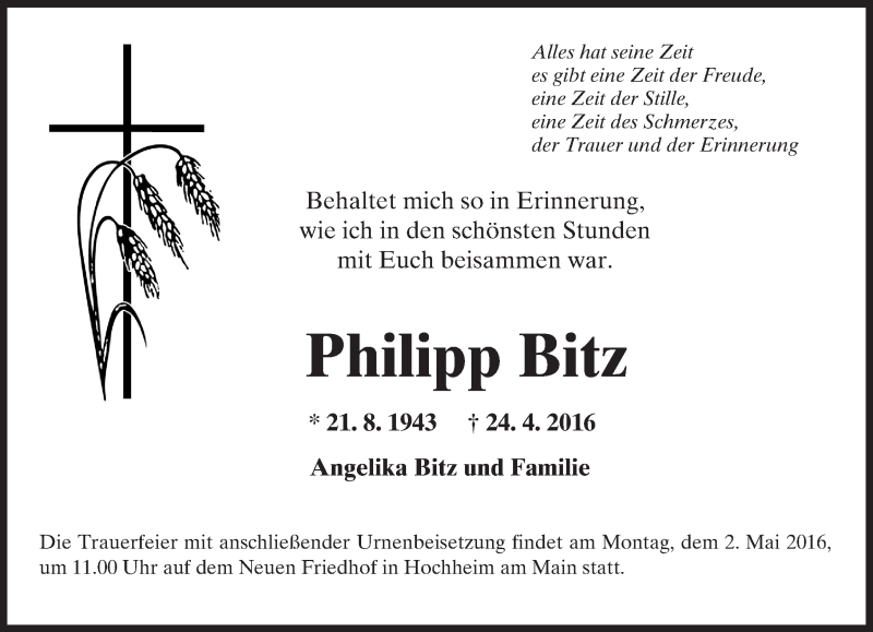  Traueranzeige für Philipp Bitz vom 29.04.2016 aus  Hochheimer Zeitung