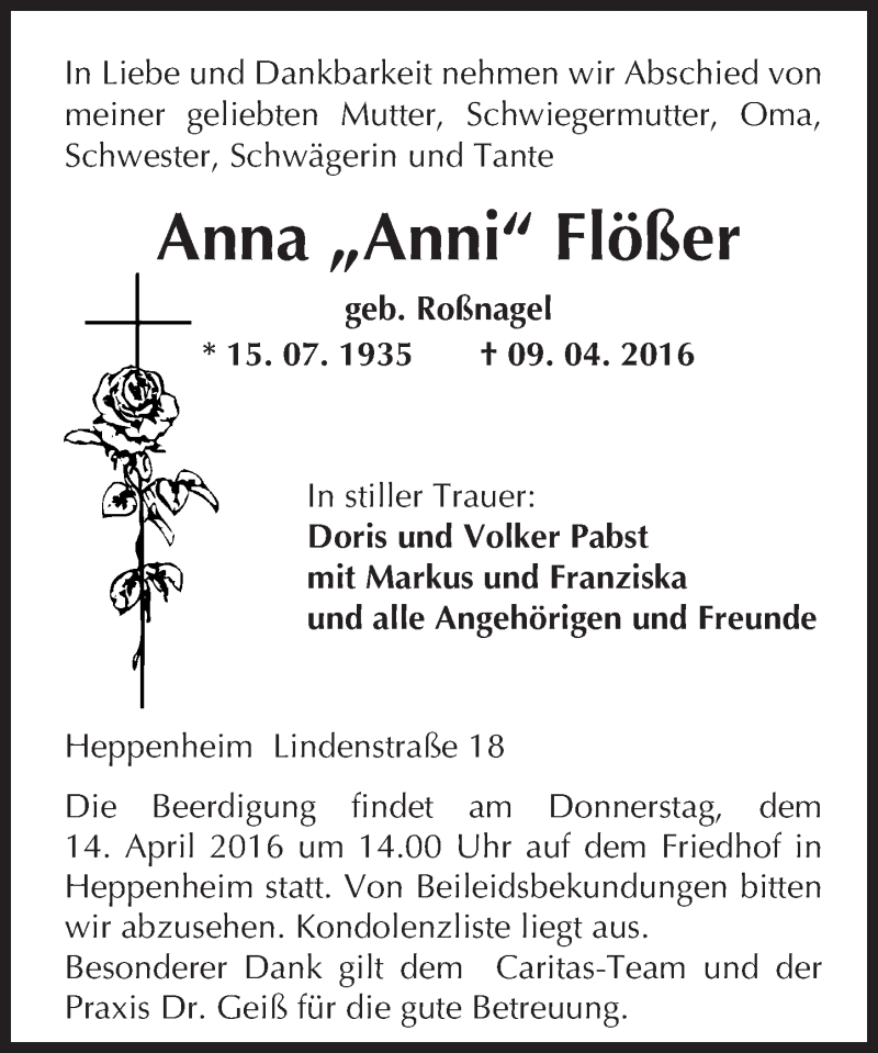  Traueranzeige für Anna Flößer vom 12.04.2016 aus trauer.echo-online.de