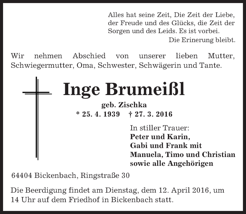 Traueranzeige für Inge Brumeißl vom 06.04.2016 aus trauer.echo-online.de