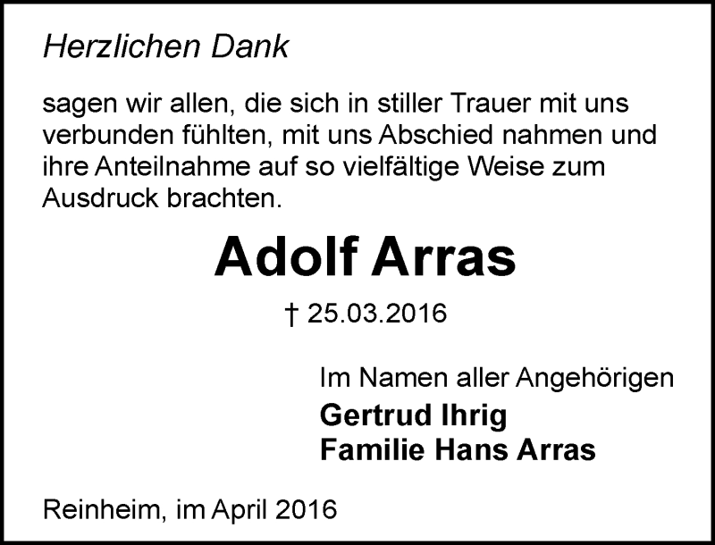  Traueranzeige für Adolf Arras vom 23.04.2016 aus trauer.echo-online.de