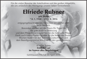 Traueranzeige von Elfriede Rubner von  Gelnhäuser Tageblatt
