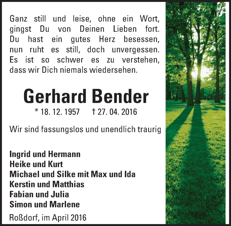  Traueranzeige für Gerhard Bender vom 30.04.2016 aus Trauerportal Echo Online