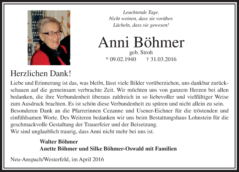  Traueranzeige für Anni Böhmer vom 30.04.2016 aus  Usinger Anzeiger