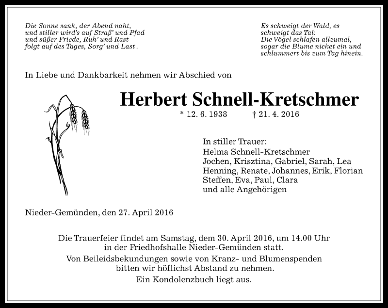  Traueranzeige für Herbert Schnell-Kretschmer vom 27.04.2016 aus VRM Trauer