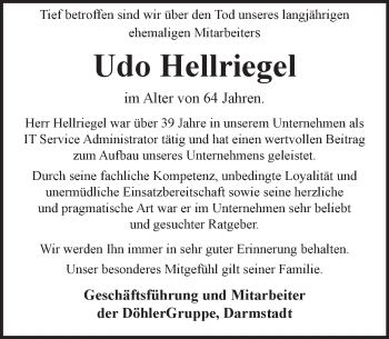 Traueranzeige von Udo Hellriegel von trauer.echo-online.de