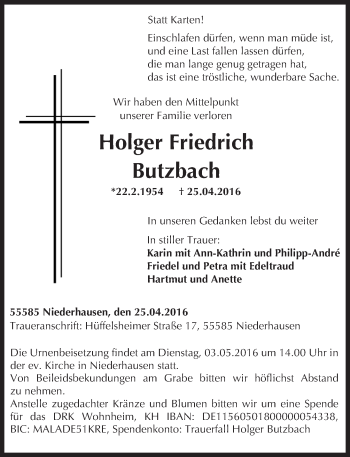 Traueranzeige von Holger Friedrich Butzbach von  Allg. Zeitung Bad Kreuznach