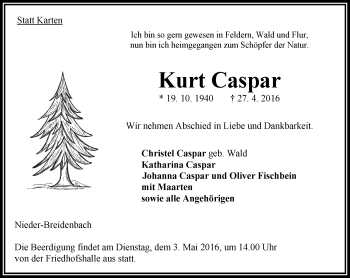Traueranzeige von Kurt Caspar von VRM Trauer