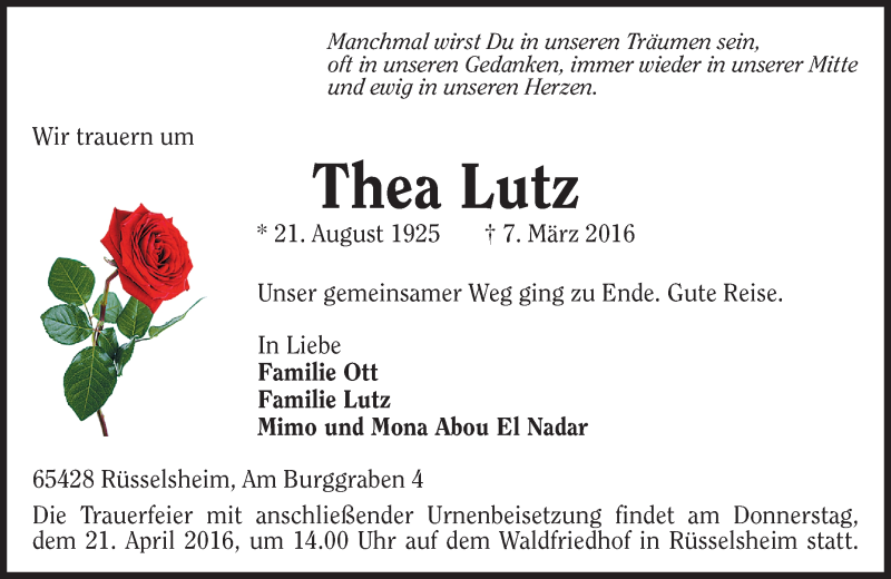  Traueranzeige für Thea Lutz vom 01.04.2016 aus trauer.echo-online.de