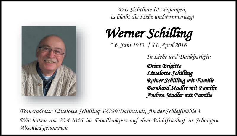  Traueranzeige für Werner Schilling vom 30.04.2016 aus Trauerportal Echo Online