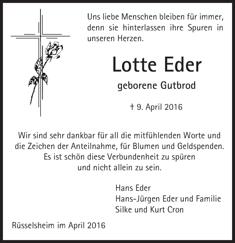  Traueranzeige für Lotte Eder vom 30.04.2016 aus Trauerportal Echo Online