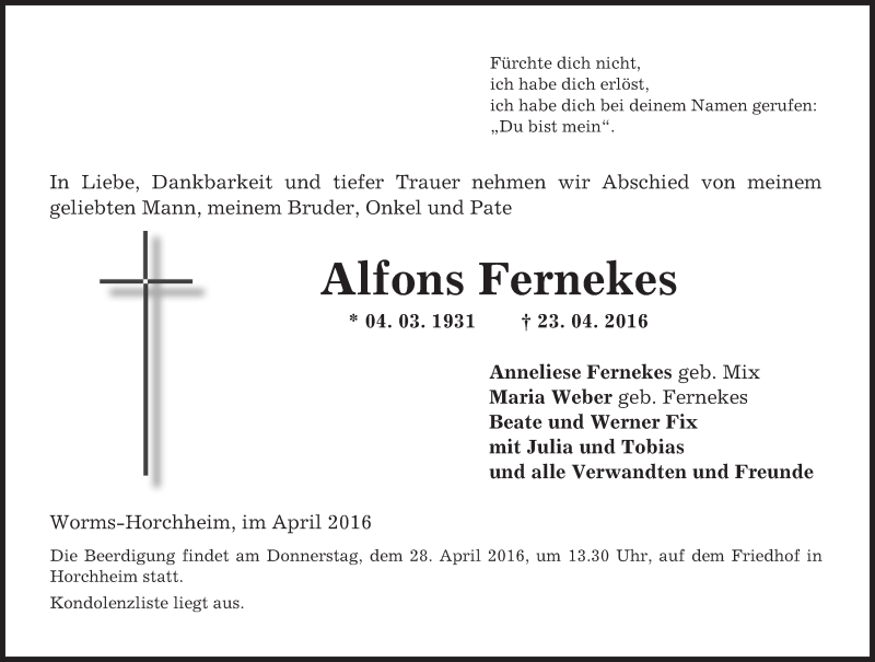  Traueranzeige für Alfons Fernekes vom 26.04.2016 aus  Wormser Zeitung