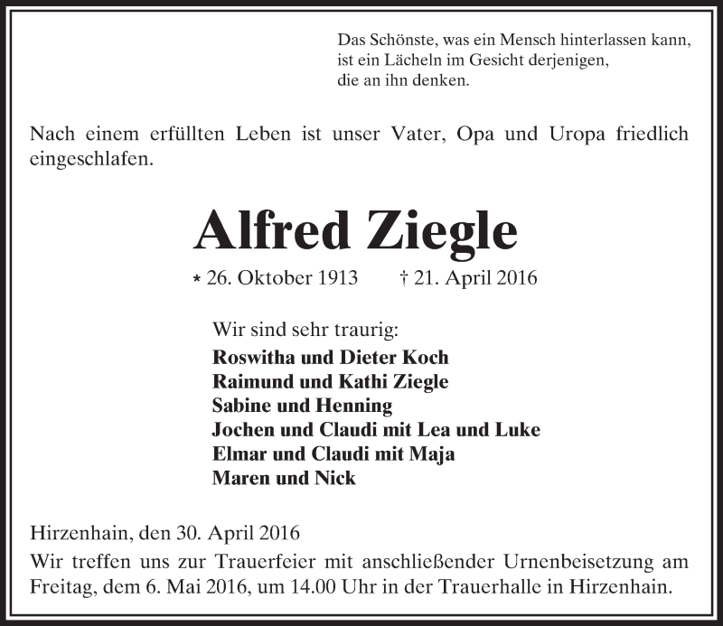  Traueranzeige für Alfred Ziegle vom 30.04.2016 aus  Kreisanzeiger
