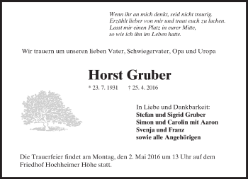 Traueranzeige von Horst Gruber von  Wormser Zeitung