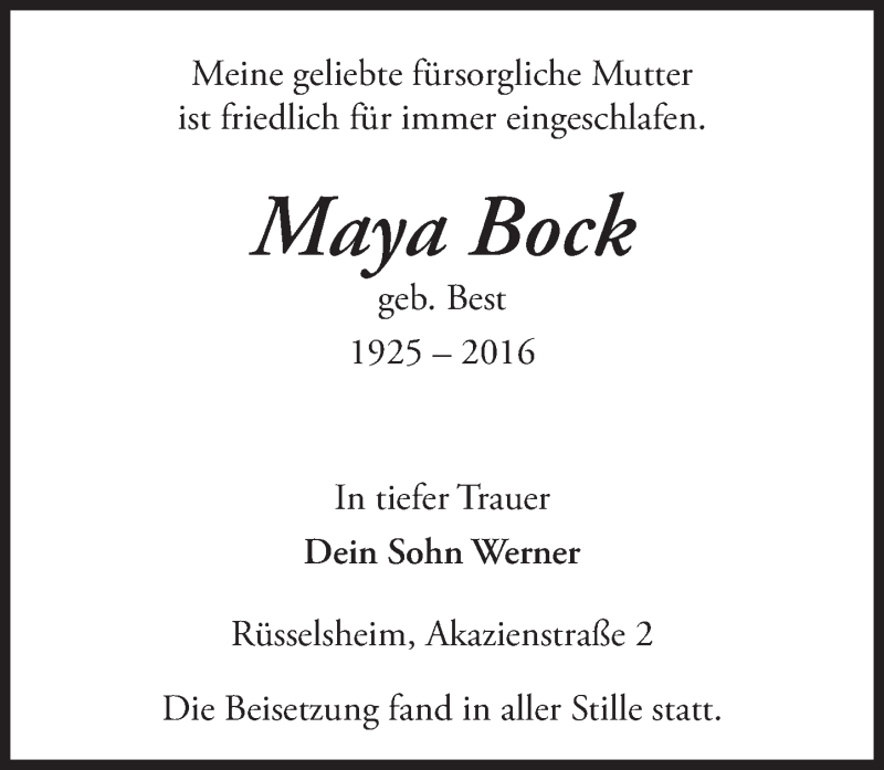  Traueranzeige für Maya Bock vom 01.04.2016 aus trauer.echo-online.de