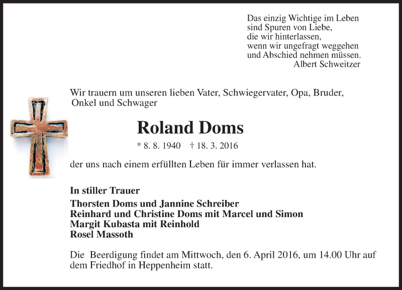  Traueranzeige für Roland Doms vom 01.04.2016 aus trauer.echo-online.de