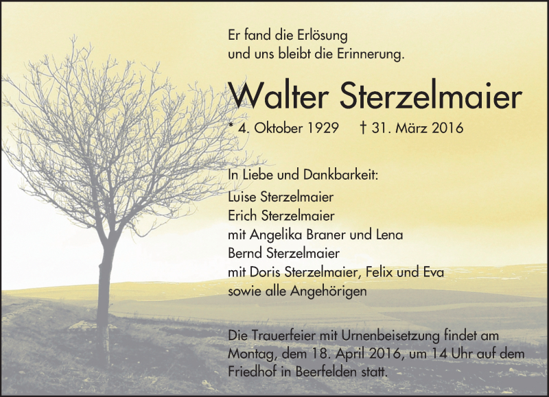  Traueranzeige für Walter Sterzelmaier vom 08.04.2016 aus trauer.echo-online.de